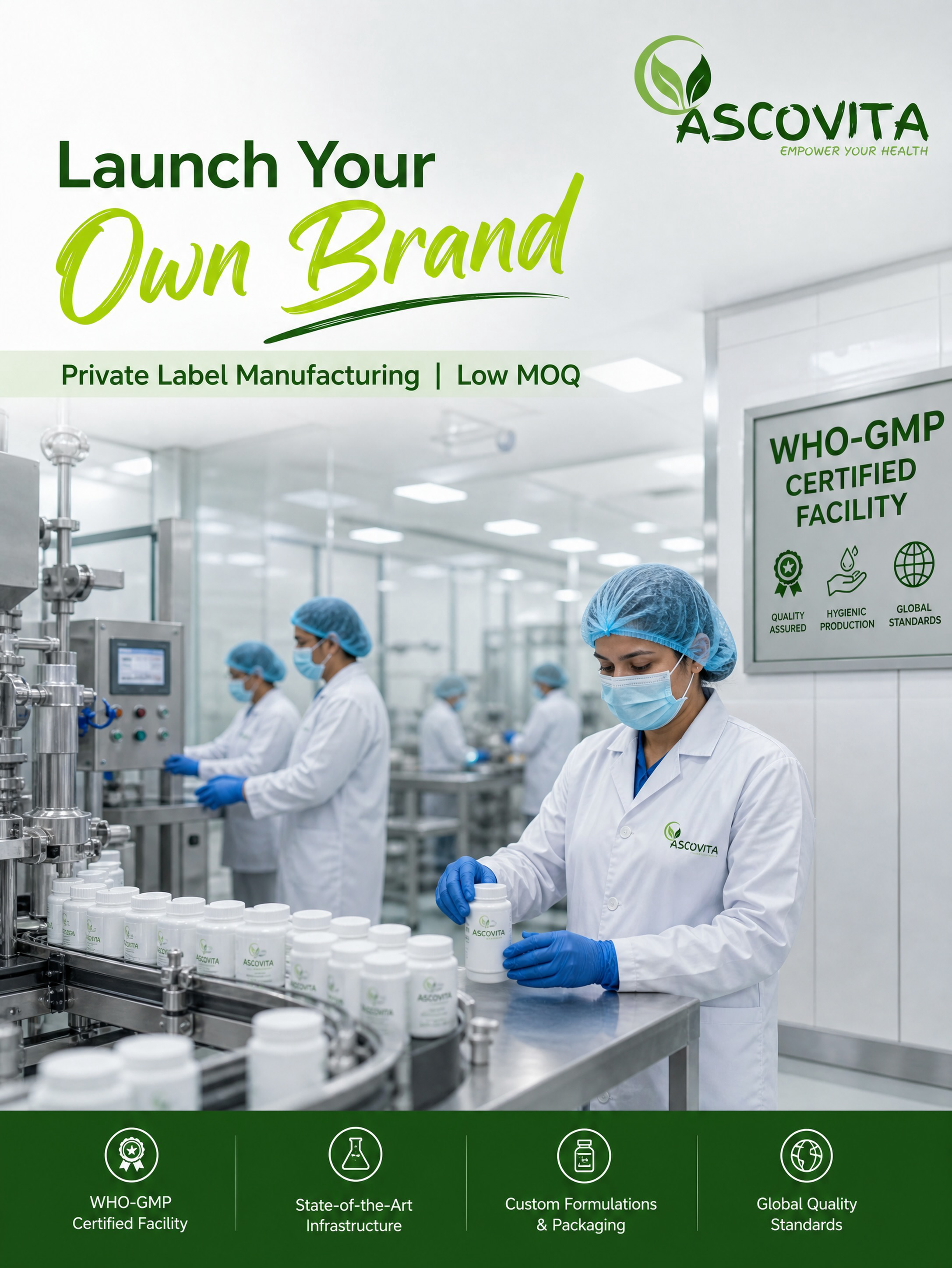 Ascovita WHO-GMP facility with private-label production and packaging team