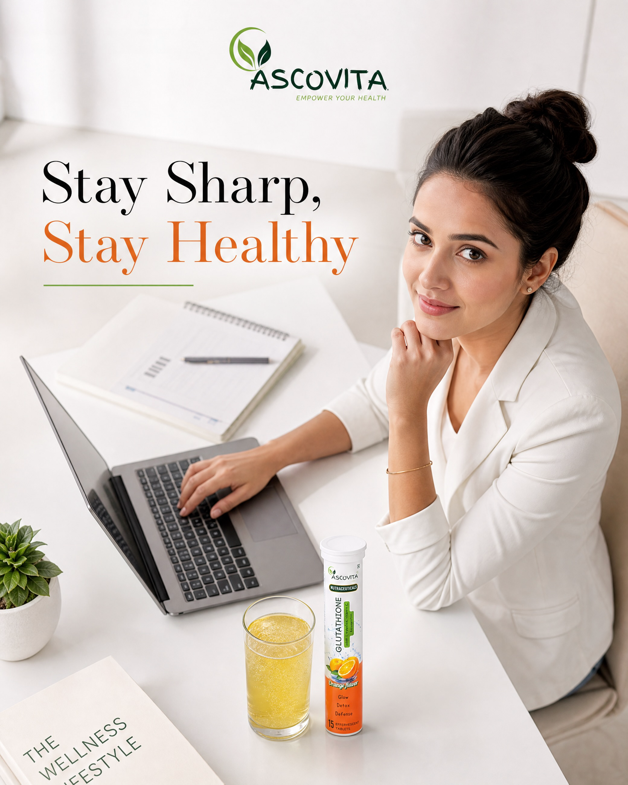 Ascovita wellness brand-launch visual with a professional woman at work